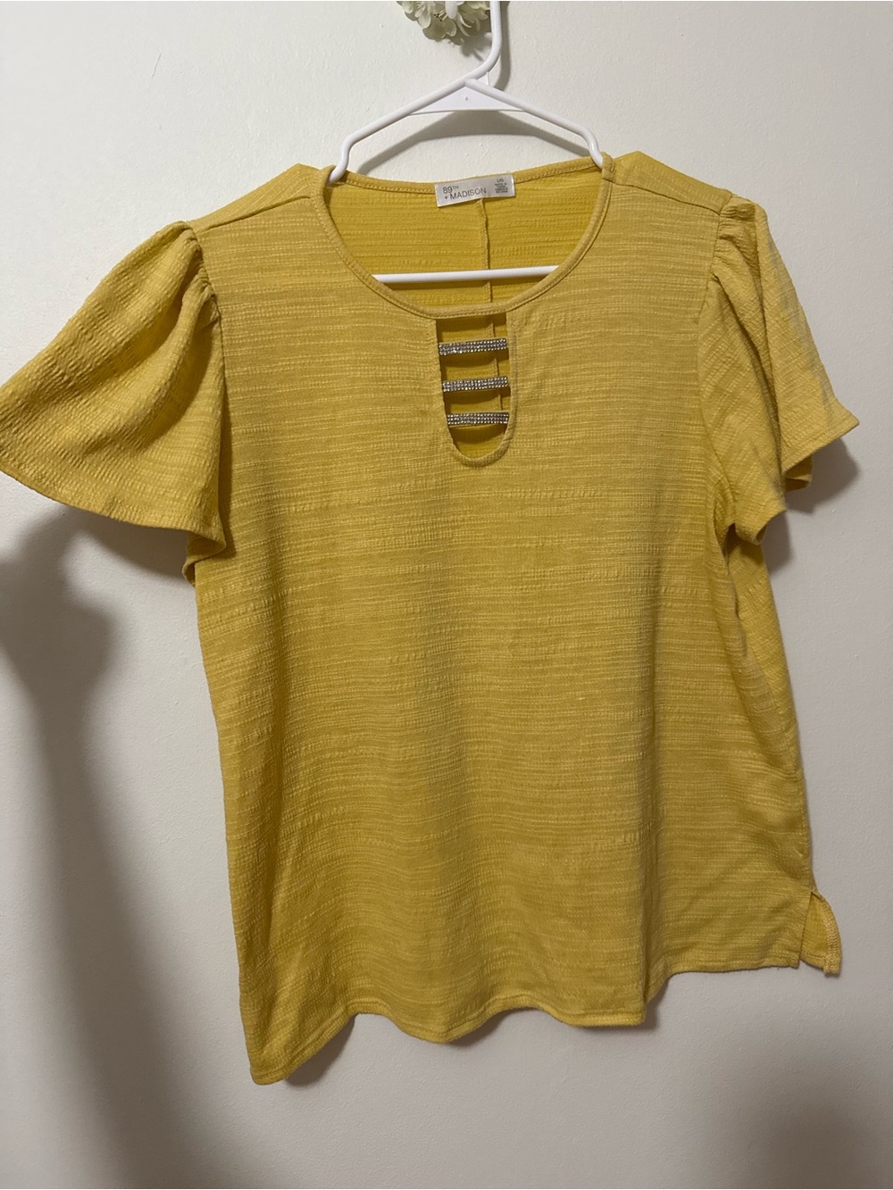 Madison Yellow Rhinestone Ladder Keyhole Flutter Sleeve Top
